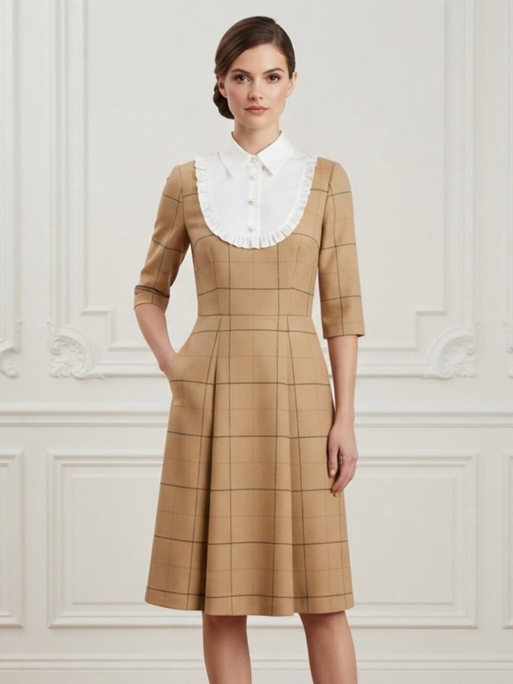 MACGRAW silk bib plaid dress knee tailored formal 4 academia formal tan white 4